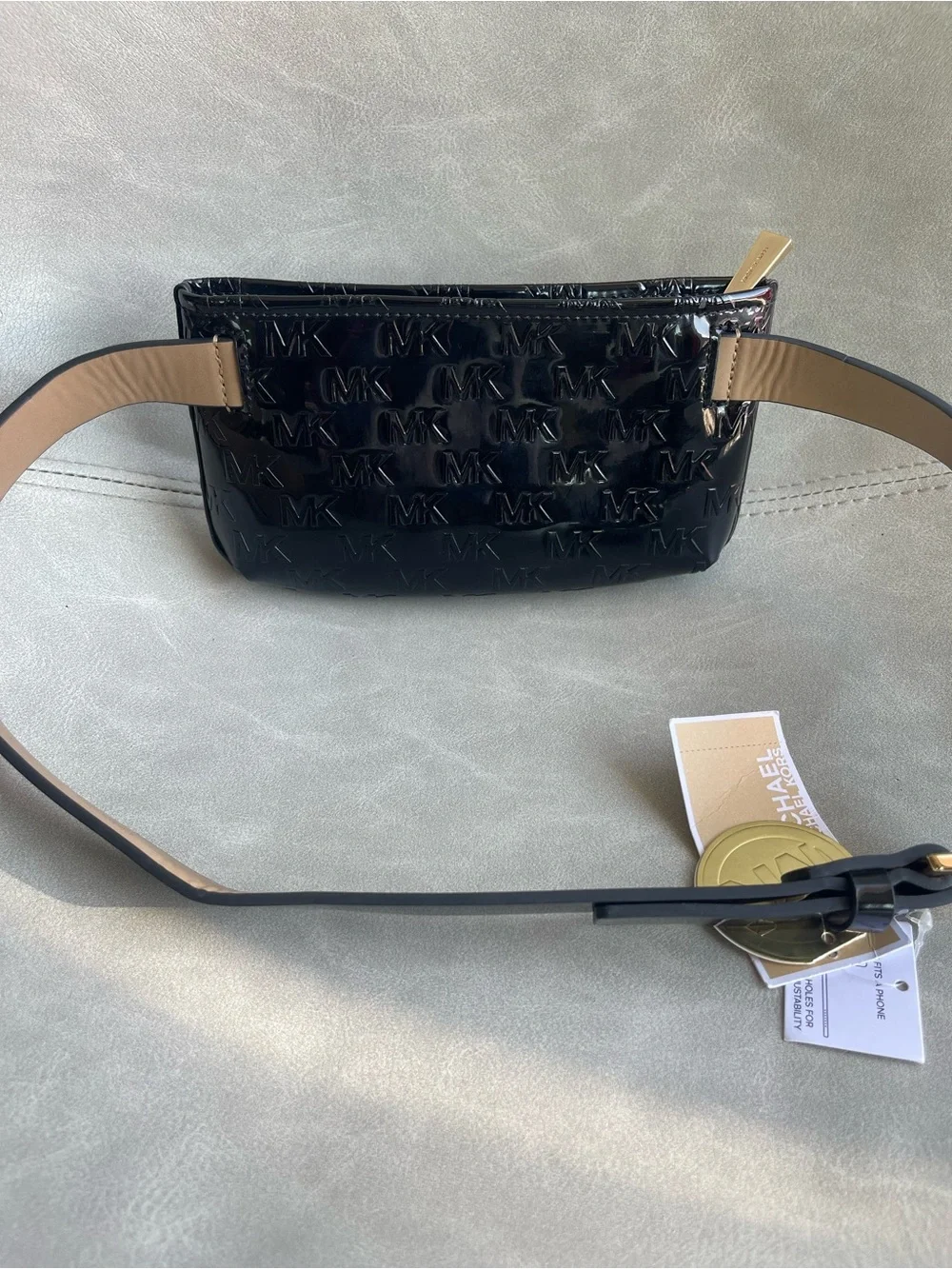 Michael Kors Black Patent MK Logo Belt Bag with Gold Plaque
